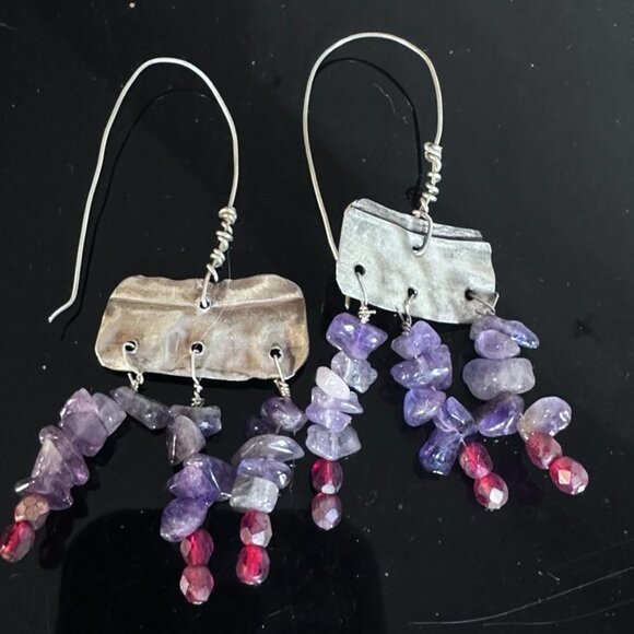 Amethyst Gemstone Purple Sterling Silver 925 Earrings Handmade Rustic Scrap - Picture 2 of 9